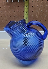 Small Hazel Atlas Cobalt Blue Depression Pitcher Ribbed Tilted Ice Glass 6” Tall