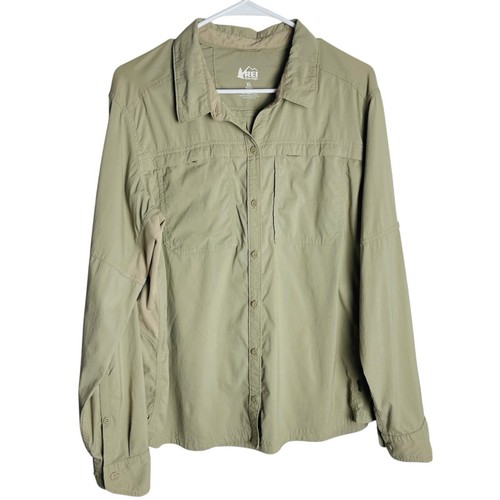 REI Co-op Sahara Shirt Womens XL Khaki Tan Button Up Roll Tab Sleeve Hiking - Picture 2 of 13