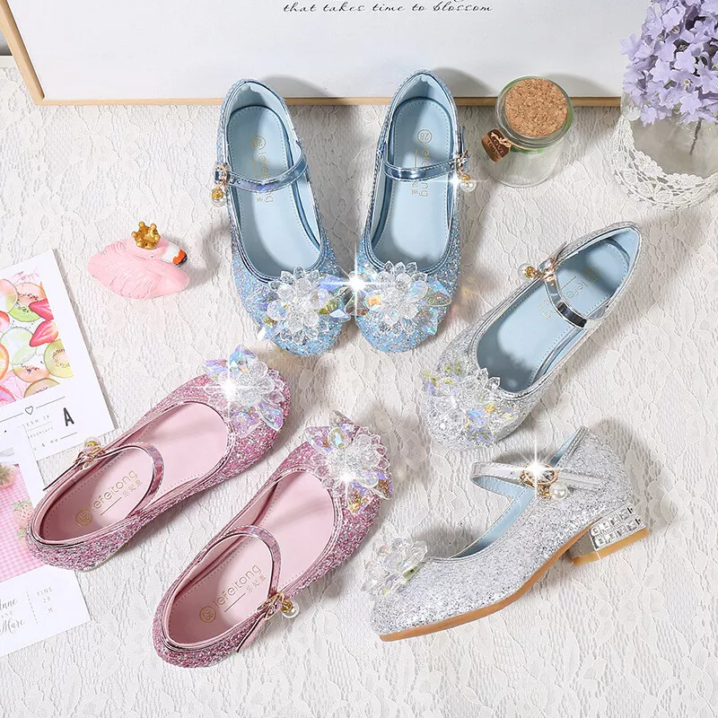UK Kids Elsa Princess Shoes Girls Party Sequins Glitter Fancy