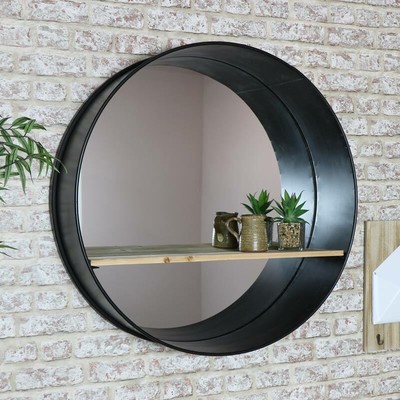 Extra Large Round Black Metal Industriel Miroir Mural Bois Étagère vitrine