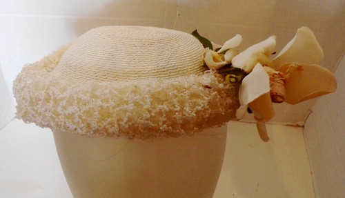 Vintage 40s 50s White Straw Hat Large Rose Pinehurst Fifth Avenue