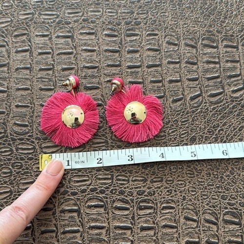 Boho Fringe Tassel Earrings hot pink Gold Circle Drop Statement Earrings 2” - Picture 4 of 5