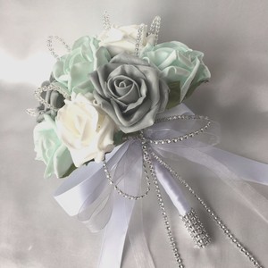 Posy Bouquet Mint Green White Grey Roses Artificial Wedding Image Is Loading Posy Bouquet Mint Green White Amp Grey Roses