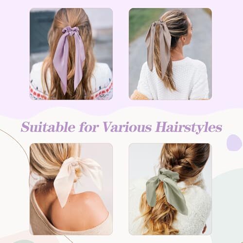 6 PCS Bow Silk Scrunchies, Hair Ties with Bows, Hair Scrunchies Long Multicolor - Picture 6 of 6