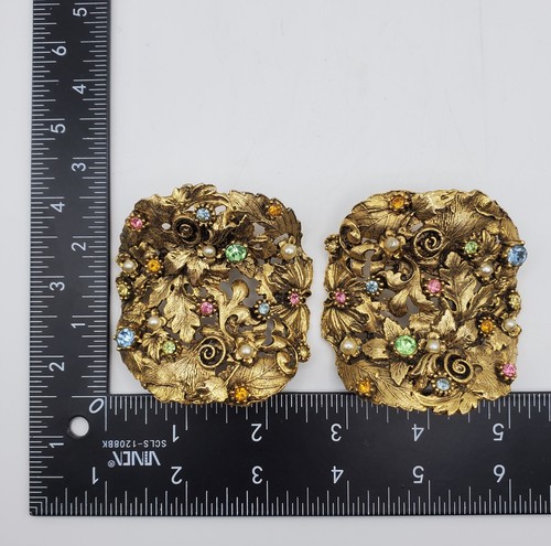 Large Floral Musi Shoe Clips Vintage Pair Designer Rhinestone Gold Tone Runway - Picture 2 of 12
