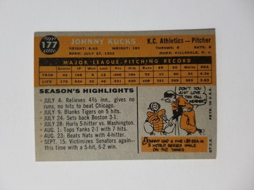 JOHNNY KUCKS 1960 TOPPS BASEBALL CARD #177 KANSAS CITY ATHLETICS - Picture 2 of 2