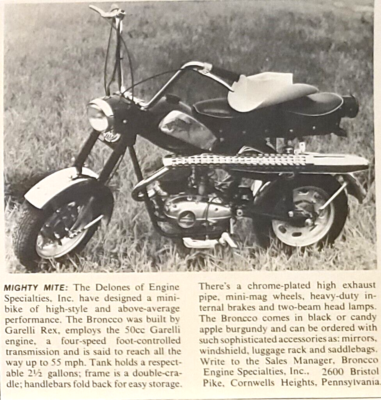 1970 Broncco Mighty Mite Mini Bike Cycle Ad 50cc Garelli Engine