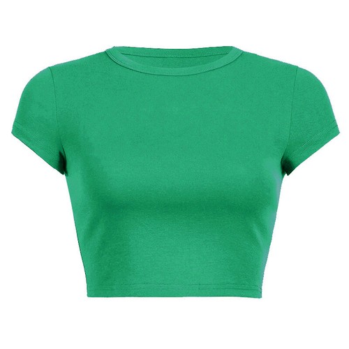 Women Short Sleeve Crop Tops Round Neck Slim-Fit T Shirt Top Casual Workout - Picture 21 of 36