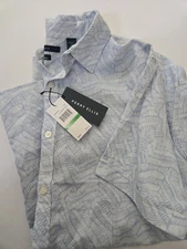 Perry Ellis Mens Linen Blend Shirt Short Sleeve Cashmere Blue Size L