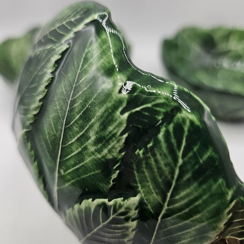 Italian Green Leaf Bowl Vietri Foglia Leonardo Majolica Glazed Porcelain Set 3 - Picture 8 of 11