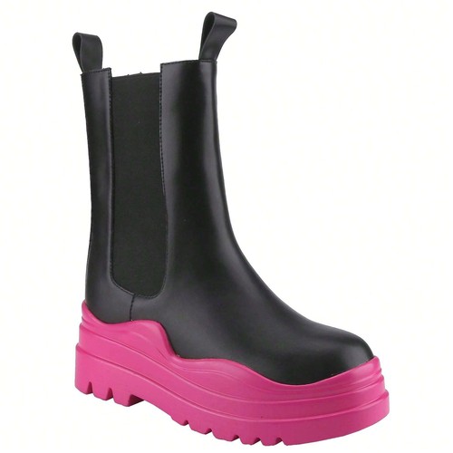 Damen-Plateaustiefel farbige Sohle halbhoch lang Gummizug mit zwei Schlaufen klobig - Bild 37 von 84