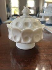 Vintage Westmoreland White Milk Glass Thumbprint Footed Candy Dish w/Lid