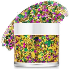 Mardi Gras Face Glitter,Green Purple Gold Mixed Holographic Chunky Body Glitter 