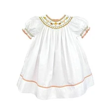 Petit Ami White Orange Harvest Smocked Bishop Dress Bloomer Set  6 9 Months