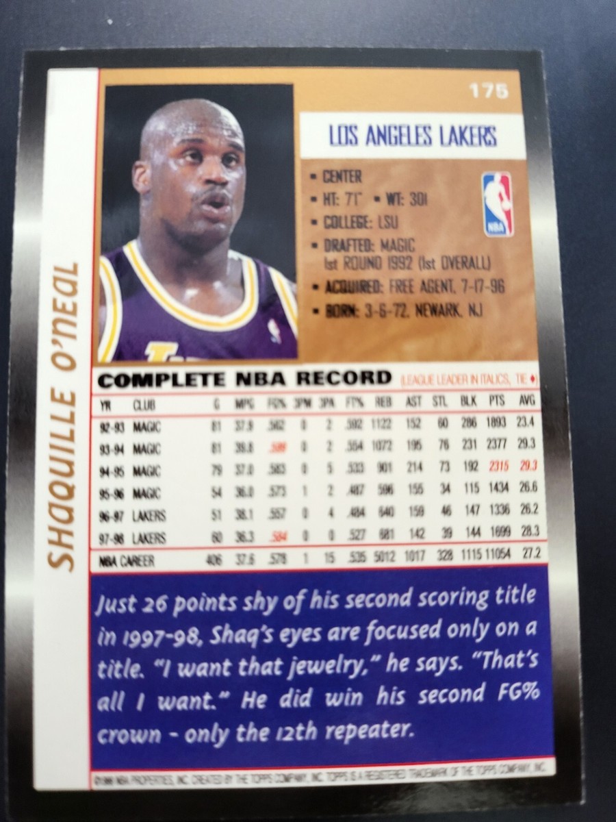 1998-99 Topps Shaquille Shaq Oneal Card #175 | eBay