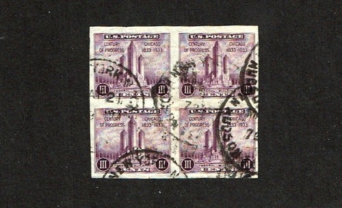 1933 U.S. CLASSIC 3c Federal Bldg CHICAGO APS Blk of 4 Sc#731a Used