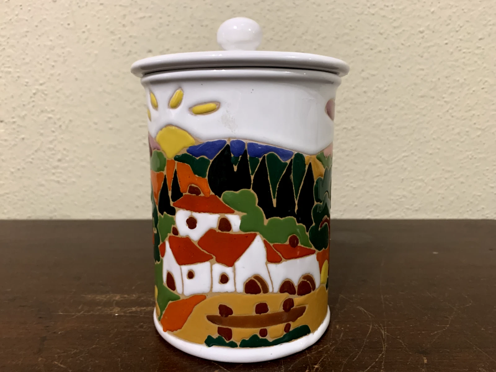 Leoncini Pottery Naif Day Canister Jar 7.25" Handpainted Italy