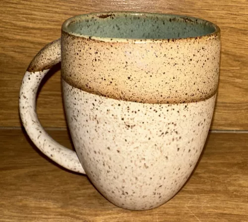 Studio Art Pottery coffee mug Cup Speckled Cream Blue, Signed