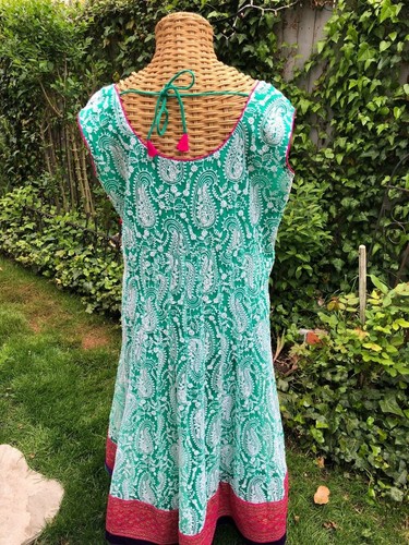 Vestido Sin Mangas Largo Medio Bordado en Verde Volantes Terciopelo Ribete Dobladillo Boho XL - Imagen 7 de 12