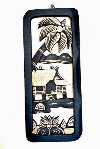 Wood Carved Wall Art Hanging Small Black Panel Gold Trim Thai Farmhouse Rustic - Picture 3 of 8