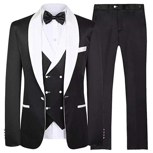 Men's Suit Navy Blue Groom Tuxedos White Shawl Lapel Men Suits 3 Piece - Picture 12 of 43