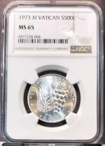 1973 VATICAN SILVER 500 LIRE WHEAT & GRAPES NGC MS 65 BRIGHT GEM BU BEAUTY