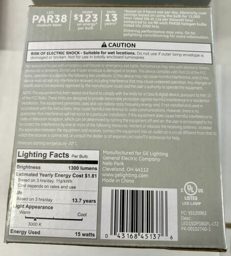 2-Pack GE Classic LED 90w/15w Warm White Dimmable Outdoor Floodlight, Par38. - Picture 4 of 5