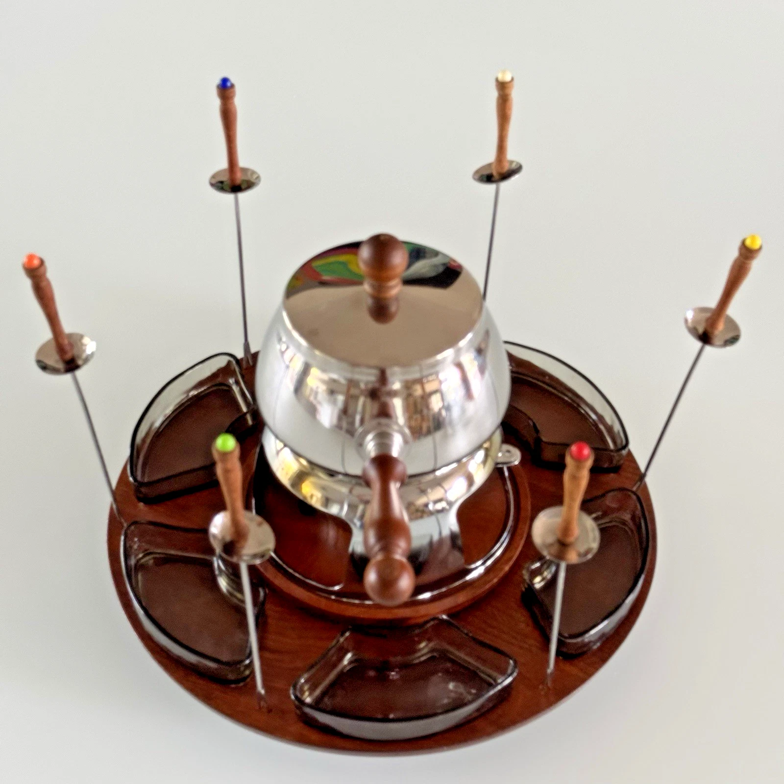 Rare Lazy Susan Fondue Set 18 Pieces W/ Glass Condiment Dishes Japan Vtg HTF