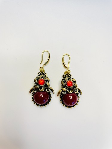Antiqued Gold Earrings Maroon Red Jasper Victorian crystal Goth Avant-Garde - Picture 3 of 3
