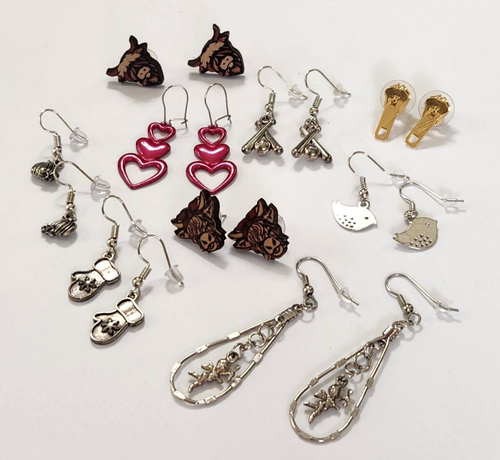 Lot of 9 PR Pierced Earrings Fun Whimsical Zipper Hearts Angel Bird Cow Mittens