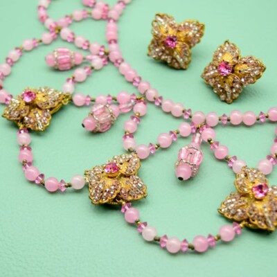 Miriam Haskell Rosa Glas Latz Halskette Ohrringe Set Rund Glas, Rosa Perlen Kostenloser Versand