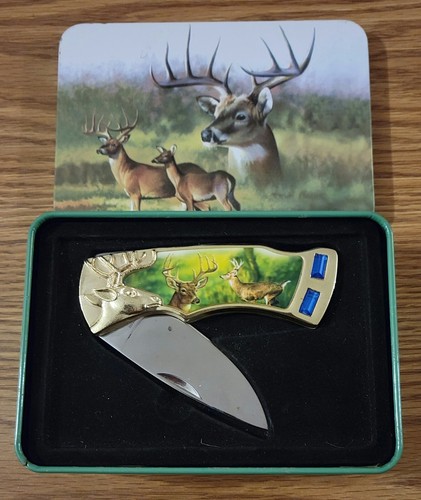 2 Wildlife Buck Deer Lockback Knives w/Collectible Tins - Stainless Steel Blades - Picture 3 of 8