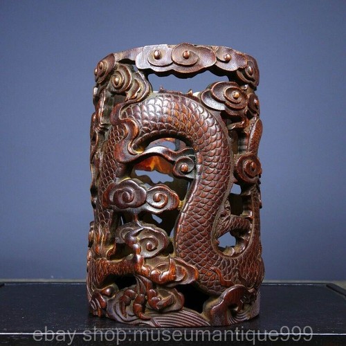 6.6'' Old Chinese Huanghuali Wood Carving Dragon Hollow out Pen container - Picture 9 of 9