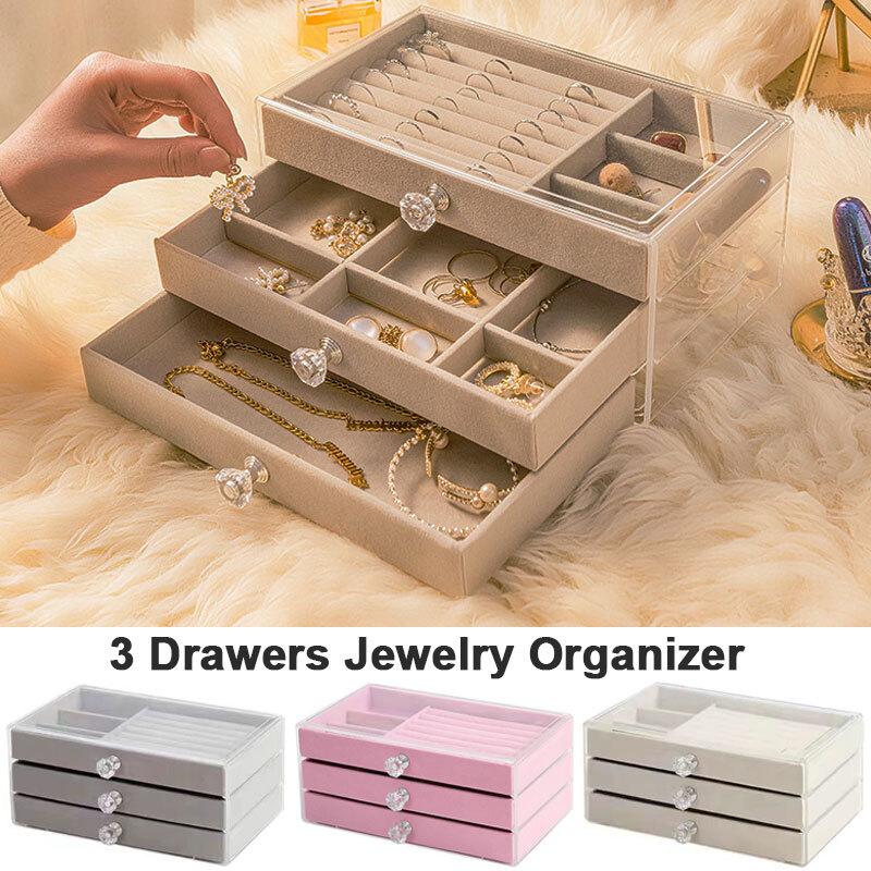 Acrylic Velvet Lined 3-Drawer Stackable Jewelry Organizer Display Storage Case  