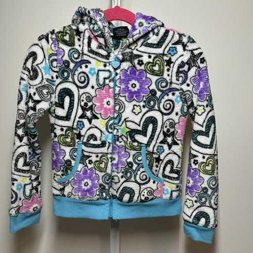 Faded Glory Fleece Hoodie Zip Pockets Heart Flower Star Print Girls Size 6 - Picture 1 of 7