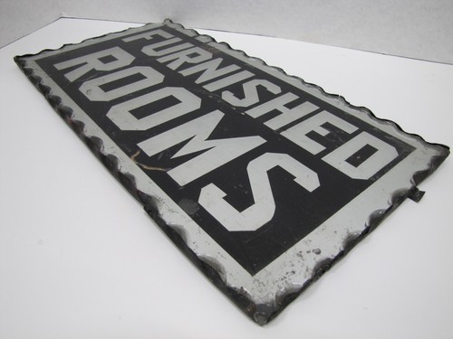 FURNISHED ROOMS Sign Antique Chip Glass Scalloped Mirrored Tin Metal Frame B&B - Picture 11 of 12