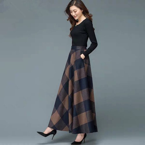 Women's Plaid Long Swing Skirt Casual Loose A-Line Maxi Dress Ladies Party Dress - Bild 8 von 15