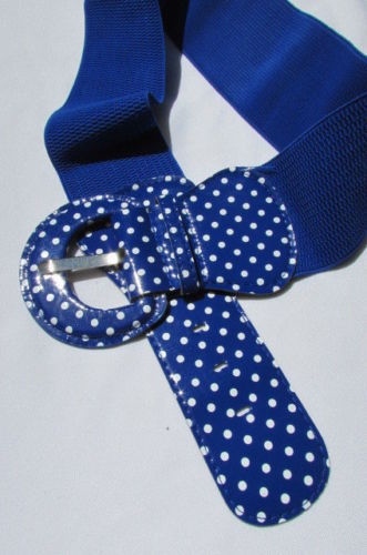 Women Blue Stretchy Hip High Waist Tie Belt White Polka Dots Pattern M L XL - Picture 13 of 16