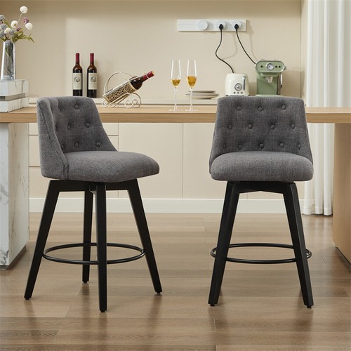 25''Bar Stools Swivel Chairs Comfortable Linen w/Button-Tufted Backrest Set of 2 - Picture 12 of 12