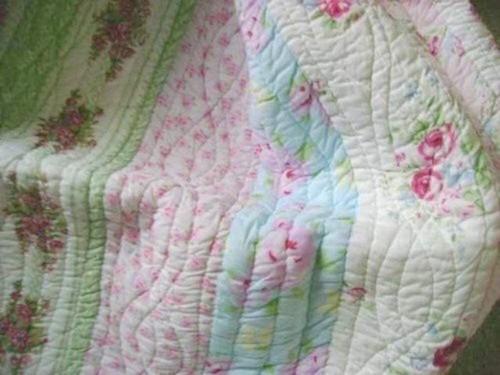 COZY COTTAGE WILD ROSE 3pc Queen QUILT SET : COTTON VINTAGE PINK GREEN BLUE - Picture 4 of 8