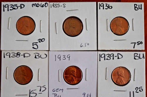 1935D, 1935S, 1936, 1938D, 1939, 1939D Lincoln Wheat Cents Gem BU Lot of 6