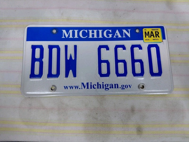 Michigan License Plate BDW 6660 White Blue 