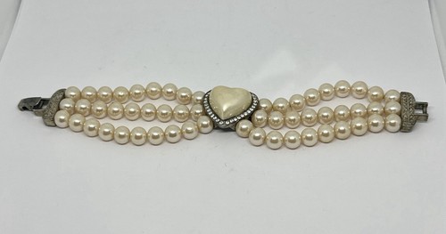 Vintage Carolee Faux Pearl Triple Strand Silver Tone Rhinestone 7.25" Bracelet - Bild 5 von 5