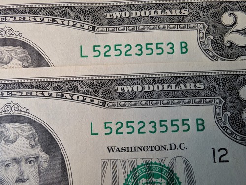 (4) UNC 2017 A 2 DOLLAR NOTE, BILL Fancy Serial # Trinary (1 Has) 5 Of A Kind 5s - Picture 3 of 5