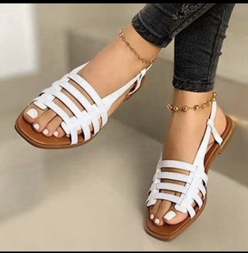 Womens Open Toe Lady Ankle Strap Wide Fit Flat Sandals Summer Beach Peep Shoes - Picture 2 of 3