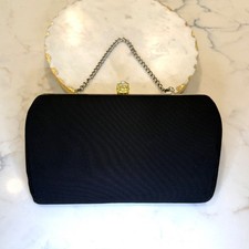 Vintage Black Satin Clutch Evening Bag Purse with Pearl Lock and Gold Chain