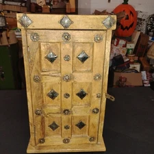 Late 19th Ctry Handcrafted 16" Dowry Box W Iron Accent Door & Cubbies Primitive