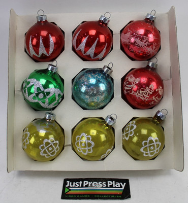 9 Vtg Shiny Brite Glass Ornaments Mica Stencil Santa Atos Unsilvered Mercury