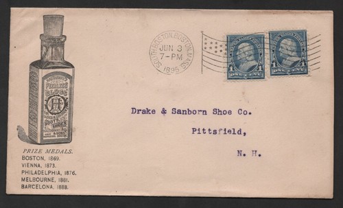 US 1895 SOUTH BOSTON MA FLAG CANCEL PRIZE MEDALS PEERLESS GLOSS AD COVER