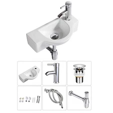 Bathroom Ceramic Washbasin and Faucet Combo White Small Wall Mount Sink Set C...